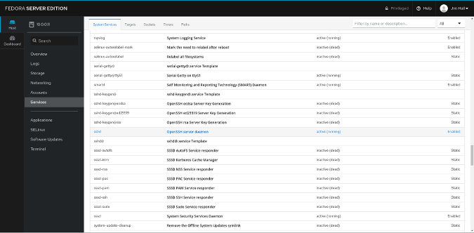 sshd in the list of system services